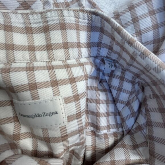 Ermenegildo Zegna Mens Checked Long Sleeve Button-Up Shirt 43/17 Beige & White - Picture 4 of 7